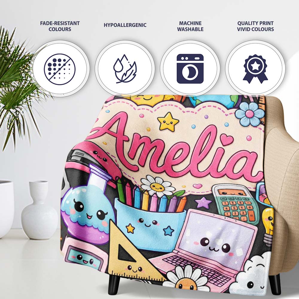 Cute Kawaii School Supplies Desk Rainbow Sun Globe Dark Seamless  Personalised Custom Name Super Soft Fleece Blanket Bed Sofa Throw