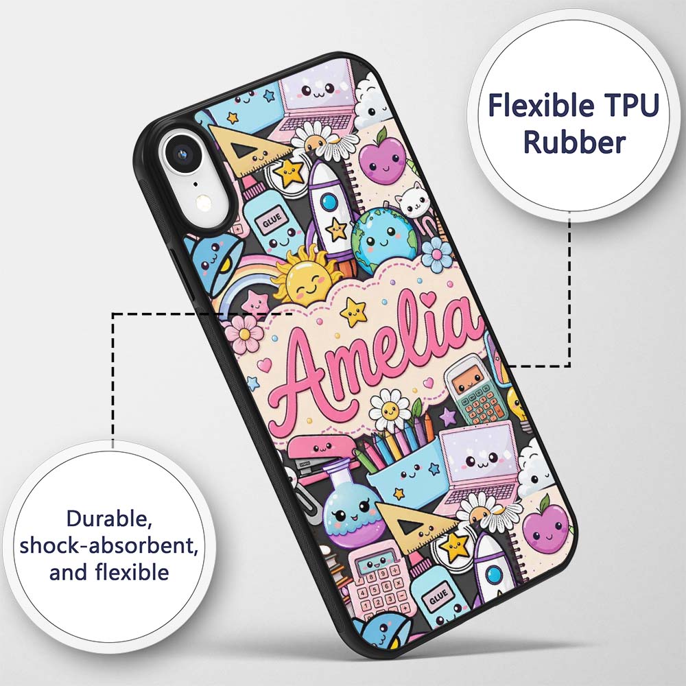Cute Kawaii School Supplies Desk Rainbow Sun Custom Name Protective Phone Case Mobile Cover Durable Everyday Smartphone Shock Resistant