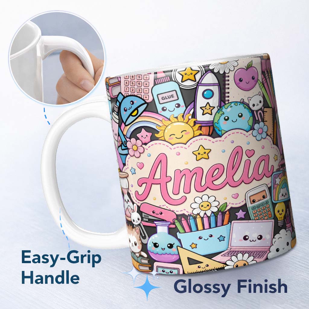 Personalized Custom Name Cute Kawaii School Supplies Desk Rainbow Sun Globe Dark Seamless 11oz Ceramic Coffee Tea Mug White Large Handle