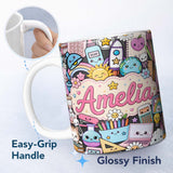 Personalized Custom Name Cute Kawaii School Supplies Desk Rainbow Sun Globe Dark Seamless 11oz Ceramic Coffee Tea Mug White Large Handle