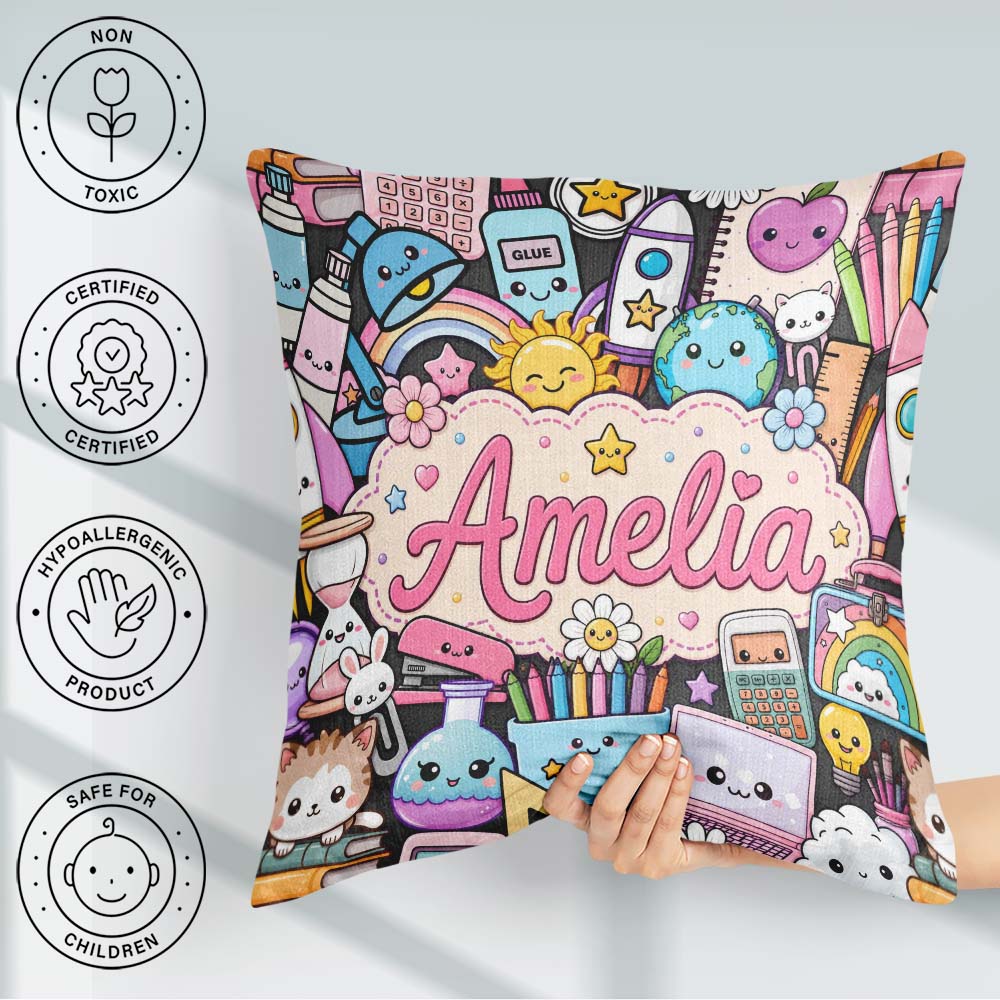 Custom Name Kawaii Supplies Desk Rainbow Sun Globe Dark Seamless Square Filled Cushion Throw Pillow Sofa Bed Home Decor Zip Washable UK Made