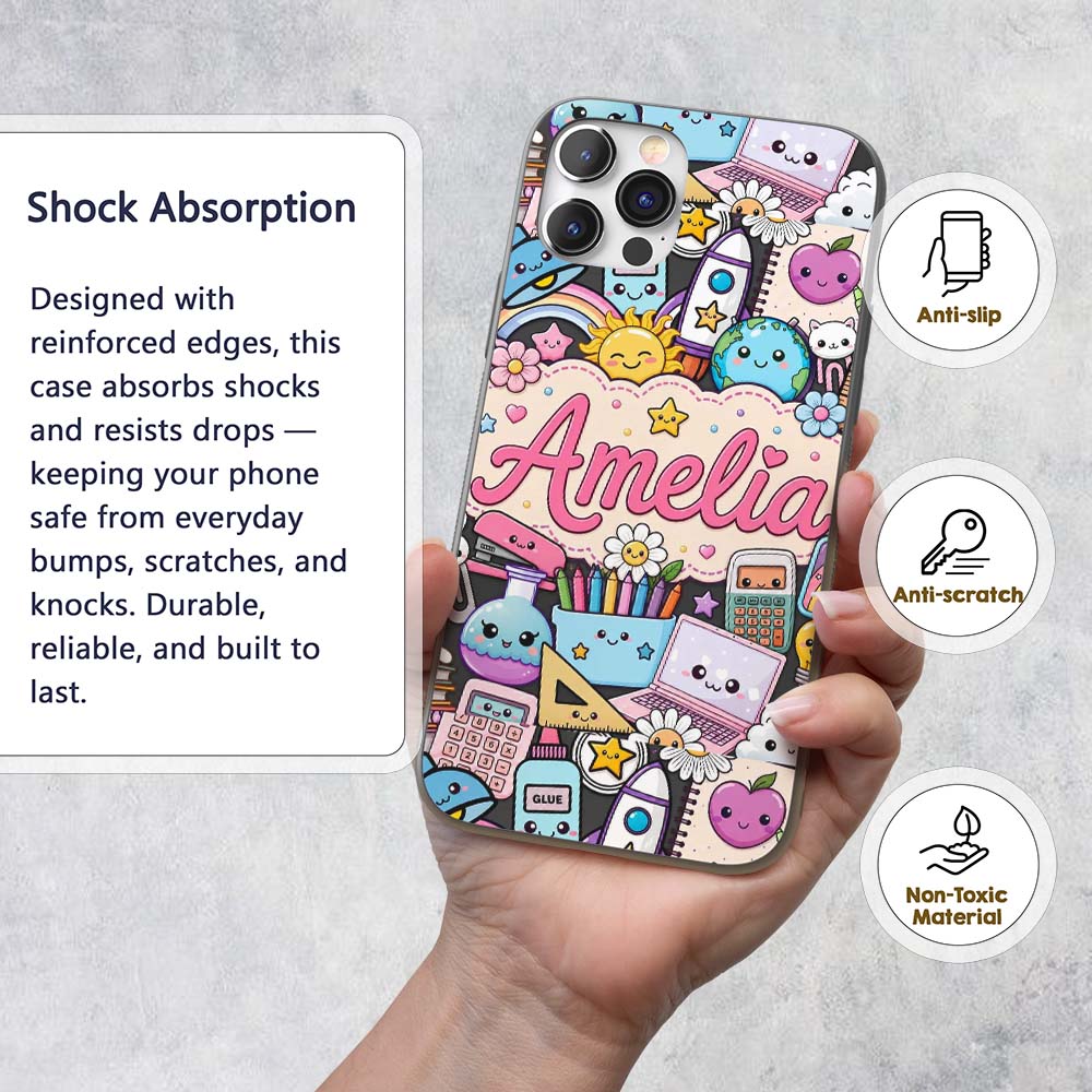 Cute Kawaii School Supplies Desk Rainbow Sun Custom Name Protective Phone Case Mobile Cover Durable Everyday Smartphone Shock Resistant
