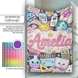 Cute Kawaii School Supplies Desk Rainbow Sun Globe Dark Seamless  Personalised Custom Name Super Soft Fleece Blanket Bed Sofa Throw