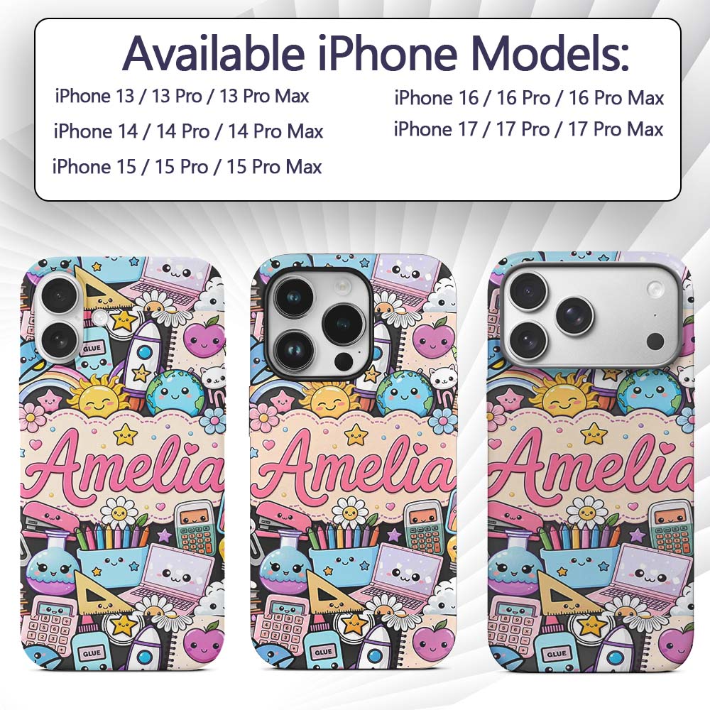 Cute Kawaii School Supplies Desk Rainbow Sun Custom Name Protective Phone Case Mobile Cover Durable Everyday Smartphone Shock Resistant