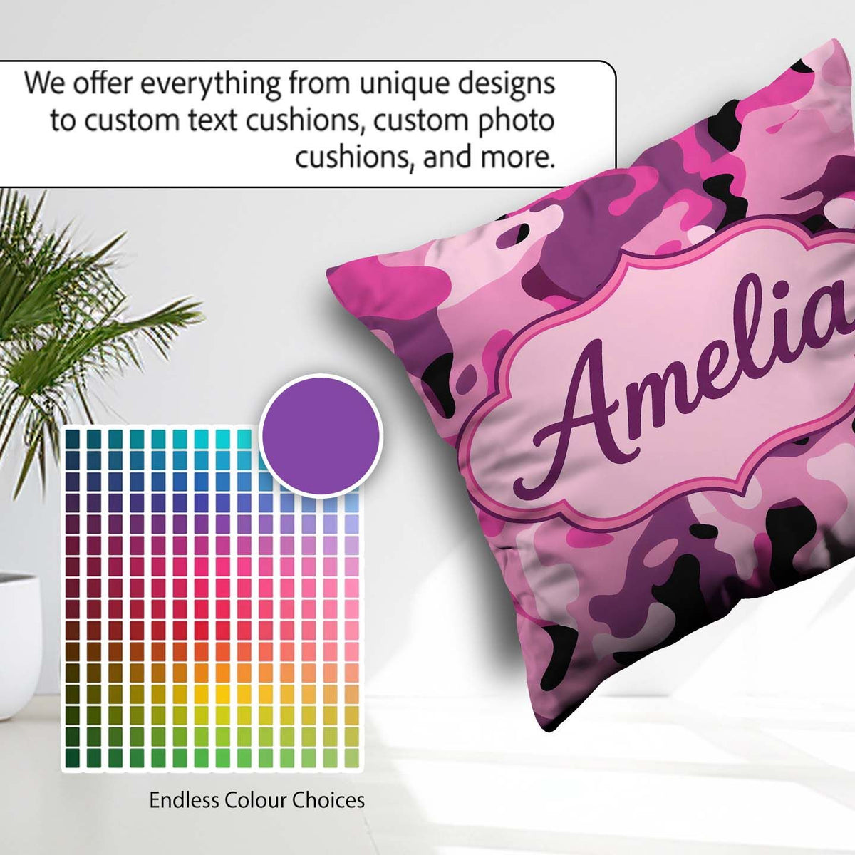 Custom Name Pink Purple Camouflage Fashion Style Seamless Lovely Square Filled Cushion Throw Pillow Sofa Bed Home Decor Zip Washable UK Made