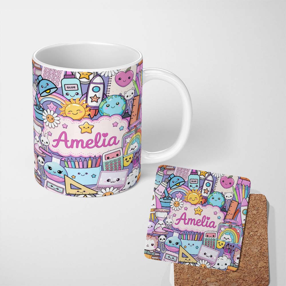 Personalized Custom Name Cute Kawaii School Supplies Desk Rainbow Sun Globe Purple Seamless 11oz Ceramic Coffee Tea Mug White Large Handle