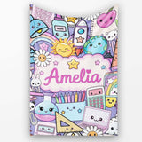 Cute Kawaii School Supplies Desk Rainbow Sun Globe Purple Seamless  Personalised Custom Name Super Soft Fleece Blanket Bed Sofa Throw