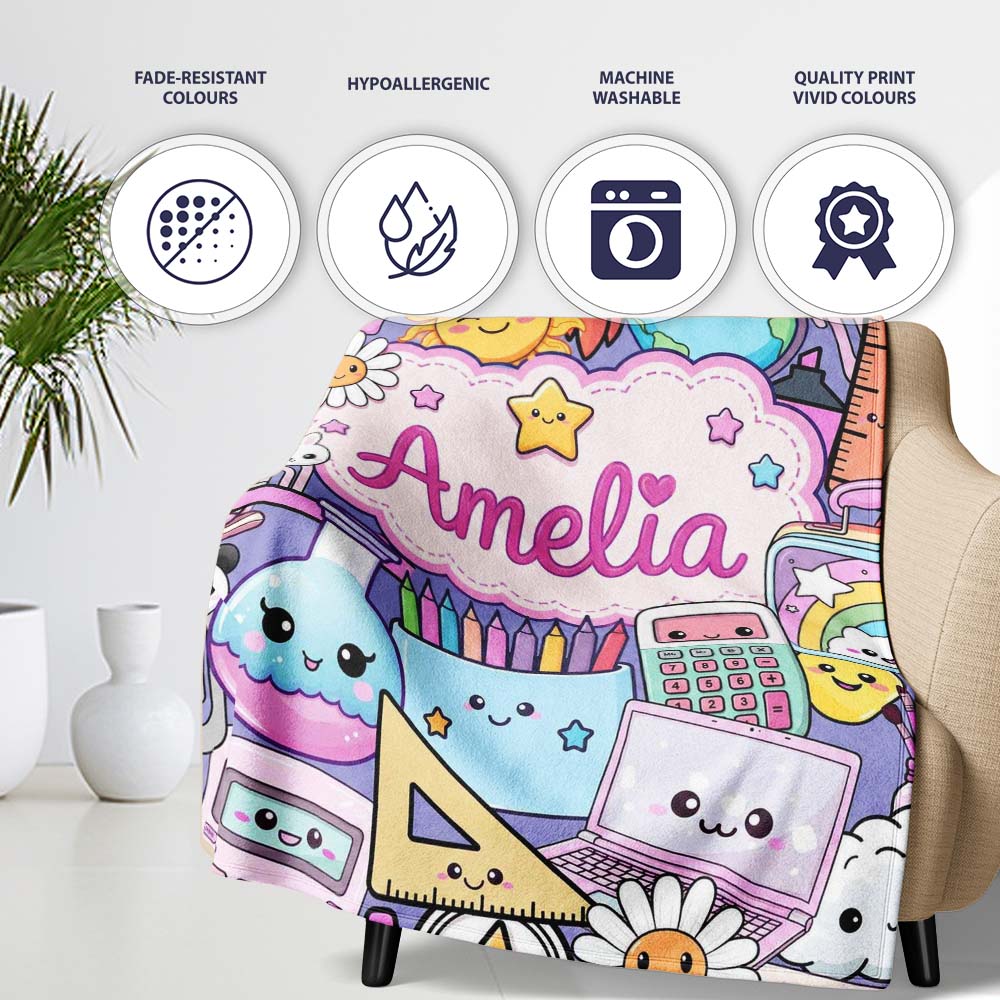 Cute Kawaii School Supplies Desk Rainbow Sun Globe Purple Seamless  Personalised Custom Name Super Soft Fleece Blanket Bed Sofa Throw