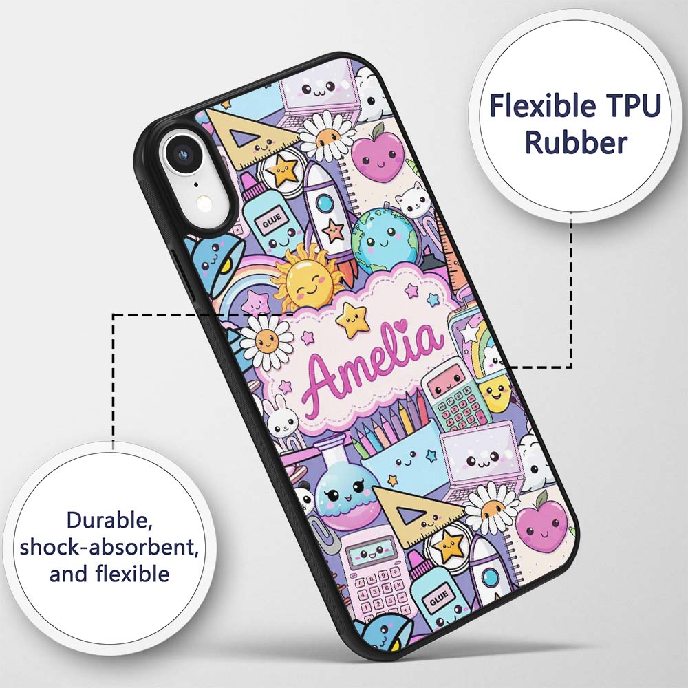 Cute Kawaii School Supplies Desk Rainbow Sun Custom Name Protective Phone Case Mobile Cover Durable Everyday Smartphone Shock Resistant