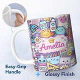 Personalized Custom Name Cute Kawaii School Supplies Desk Rainbow Sun Globe Purple Seamless 11oz Ceramic Coffee Tea Mug White Large Handle