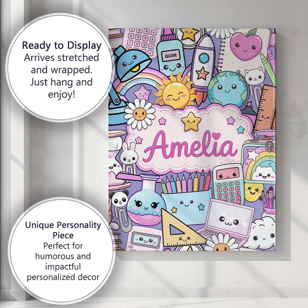 Personalised Name Cute Kawaii School Custom Premium Decorative Design Modern Room Accent Canvas Wall Art Print Decor Picture Ready to Hang