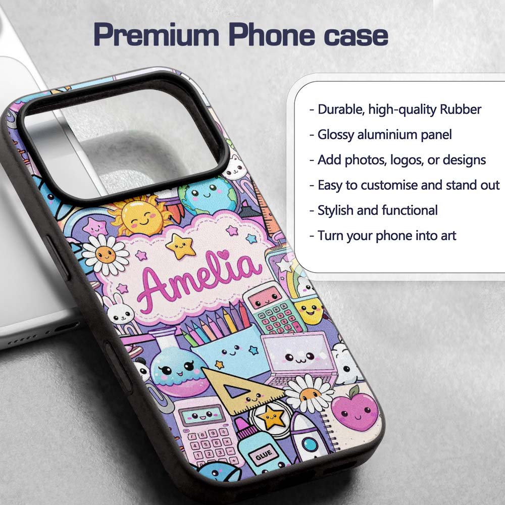 Cute Kawaii School Supplies Desk Rainbow Sun Custom Name Protective Phone Case Mobile Cover Durable Everyday Smartphone Shock Resistant