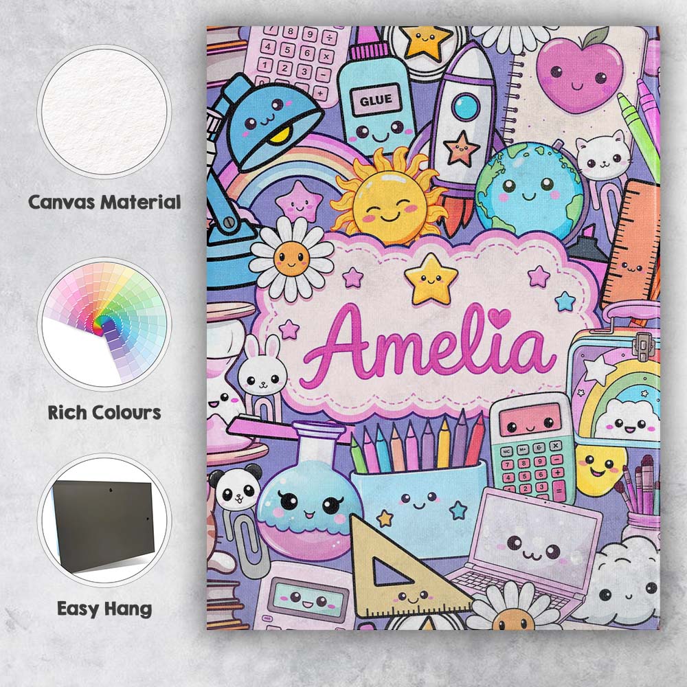 Personalised Name Cute Kawaii School Custom Premium Decorative Design Modern Room Accent Canvas Wall Art Print Decor Picture Ready to Hang