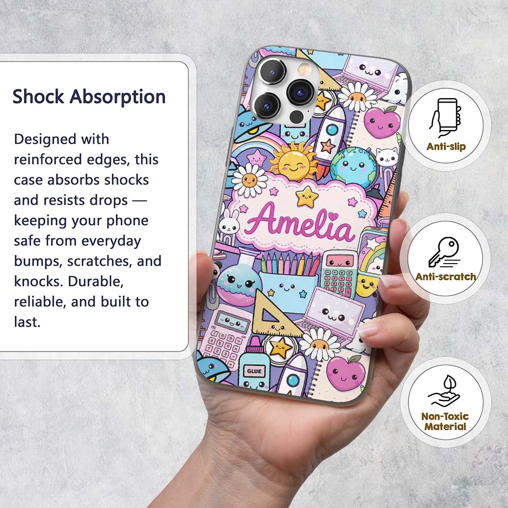 Cute Kawaii School Supplies Desk Rainbow Sun Custom Name Protective Phone Case Mobile Cover Durable Everyday Smartphone Shock Resistant
