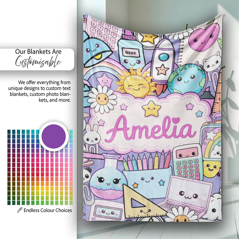 Cute Kawaii School Supplies Desk Rainbow Sun Globe Purple Seamless  Personalised Custom Name Super Soft Fleece Blanket Bed Sofa Throw