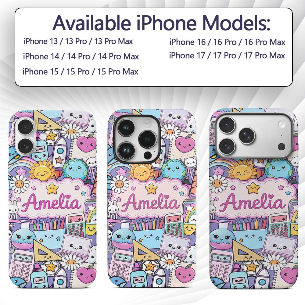Cute Kawaii School Supplies Desk Rainbow Sun Custom Name Protective Phone Case Mobile Cover Durable Everyday Smartphone Shock Resistant