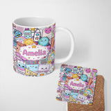 Personalized Custom Name Cute Kawaii School Supplies Desk Rainbow Sun Globe Pink Seamless 11oz Ceramic Coffee Tea Mug White Large Handle