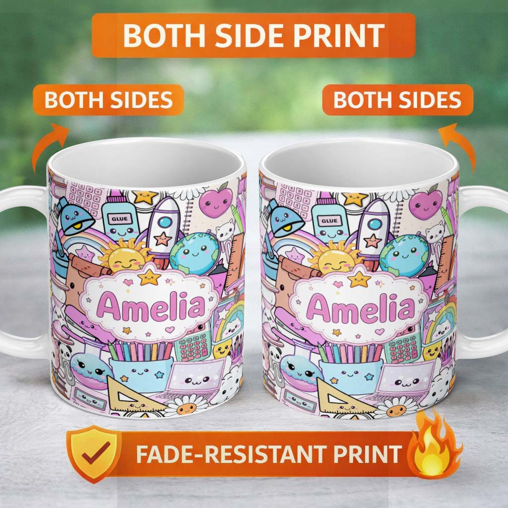 Personalized Custom Name Cute Kawaii School Supplies Desk Rainbow Sun Globe Pink Seamless 11oz Ceramic Coffee Tea Mug White Large Handle