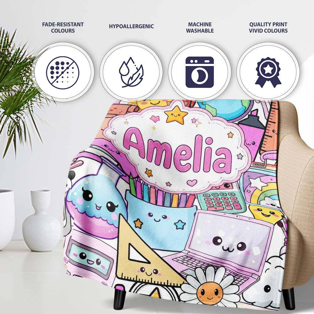 Cute Kawaii School Supplies Desk Rainbow Sun Globe Pink Seamless  Personalised Custom Name Super Soft Fleece Blanket Bed Sofa Throw