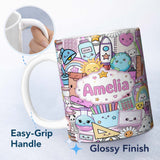 Personalized Custom Name Cute Kawaii School Supplies Desk Rainbow Sun Globe Pink Seamless 11oz Ceramic Coffee Tea Mug White Large Handle