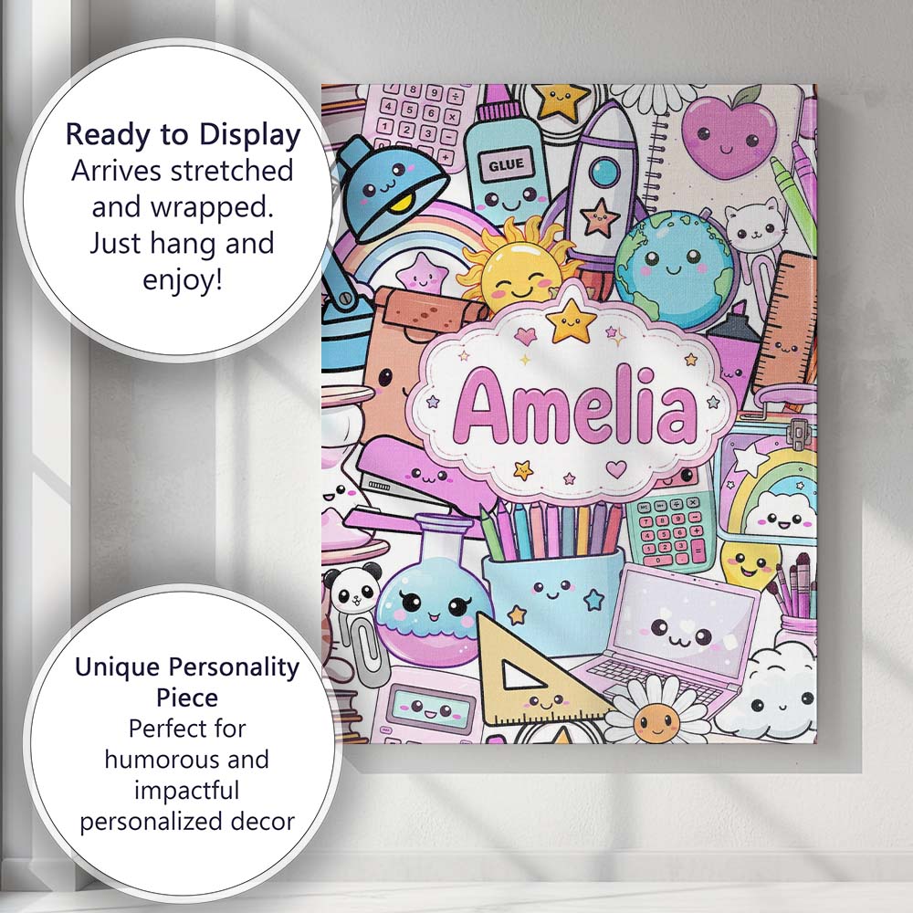Personalised Name Cute Kawaii School Custom Premium Decorative Design Modern Room Accent Canvas Wall Art Print Decor Picture Ready to Hang