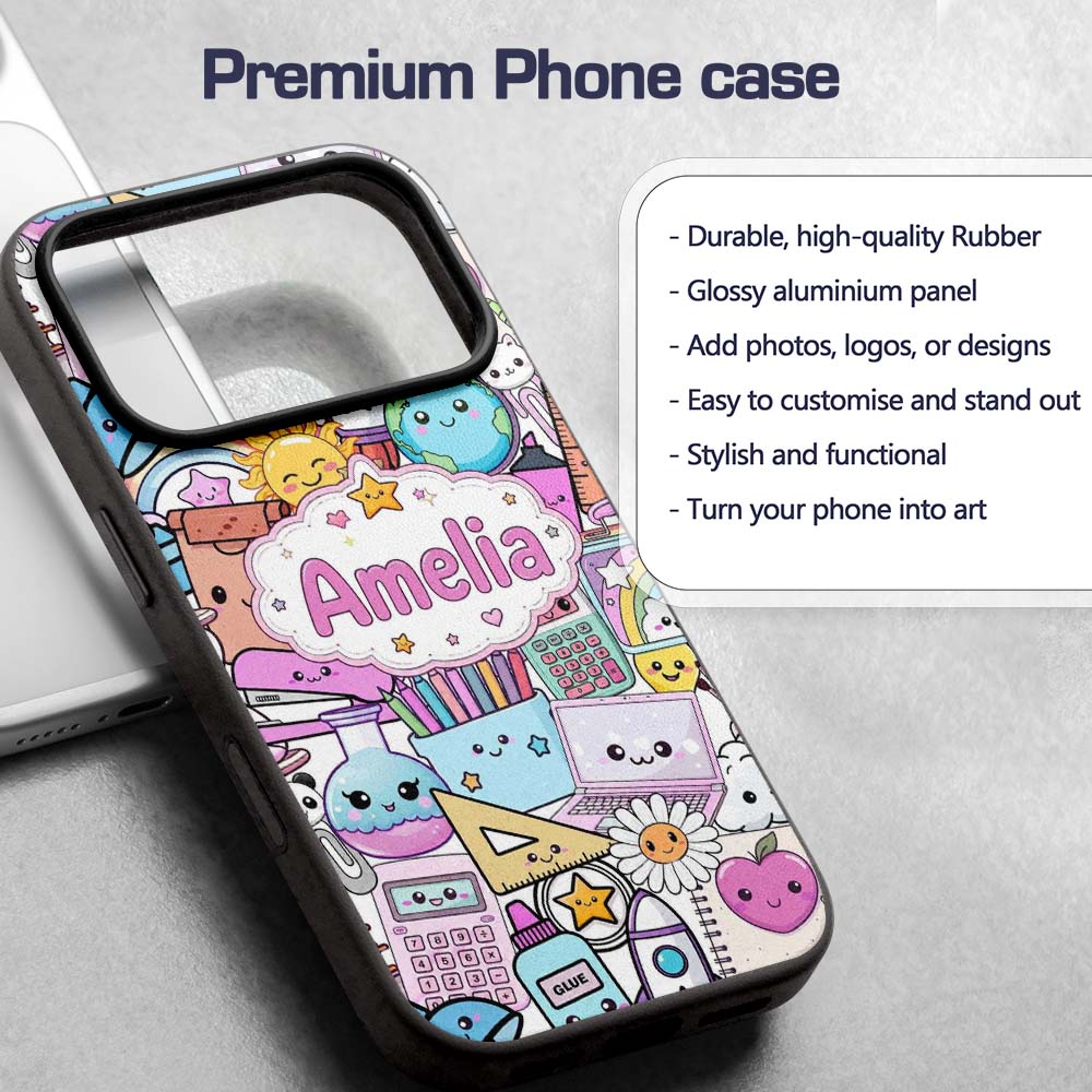 Cute Kawaii School Supplies Desk Rainbow Sun Custom Name Protective Phone Case Mobile Cover Durable Everyday Smartphone Shock Resistant