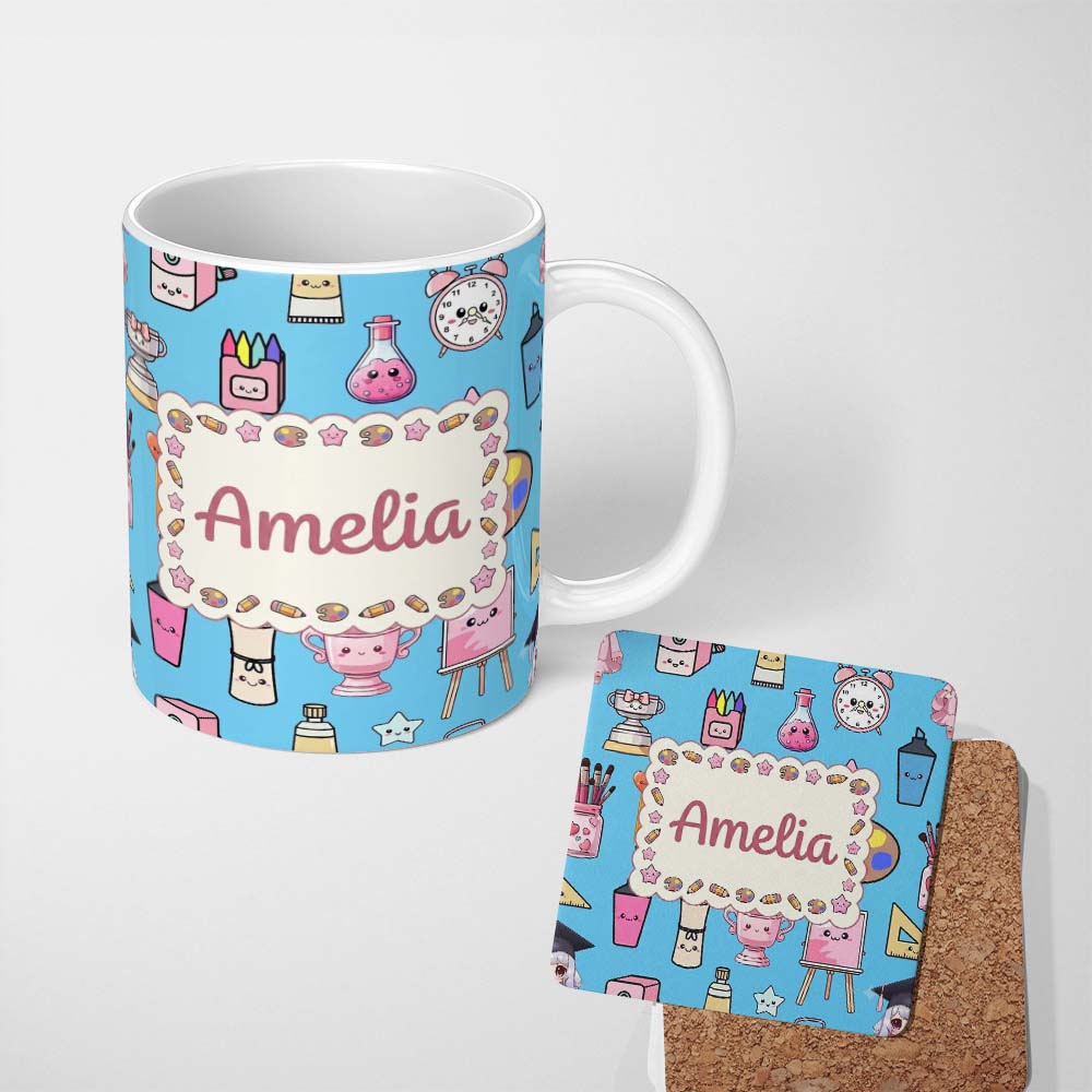 Personalized Custom Name Cute Kawaii Graduation Student Art Supplies Blue Seamless Pattern 11oz Ceramic Coffee Tea Mug White Large Handle