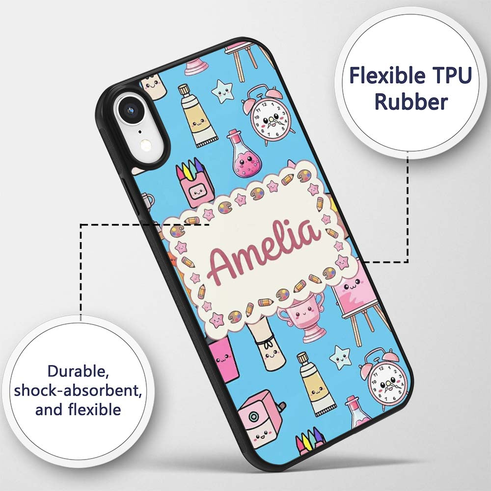 Cute Kawaii Graduation Student Art Supplies Blue Custom Name Protective Phone Case Mobile Cover Durable Everyday Smartphone Shock Resistant