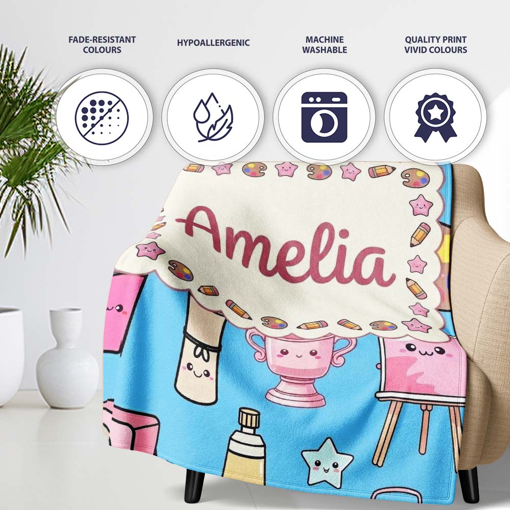 Cute Kawaii Graduation Student Art Supplies Blue Seamless Pattern  Personalised Custom Name Super Soft Fleece Blanket Bed Sofa Throw