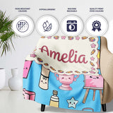 Cute Kawaii Graduation Student Art Supplies Blue Seamless Pattern  Personalised Custom Name Super Soft Fleece Blanket Bed Sofa Throw