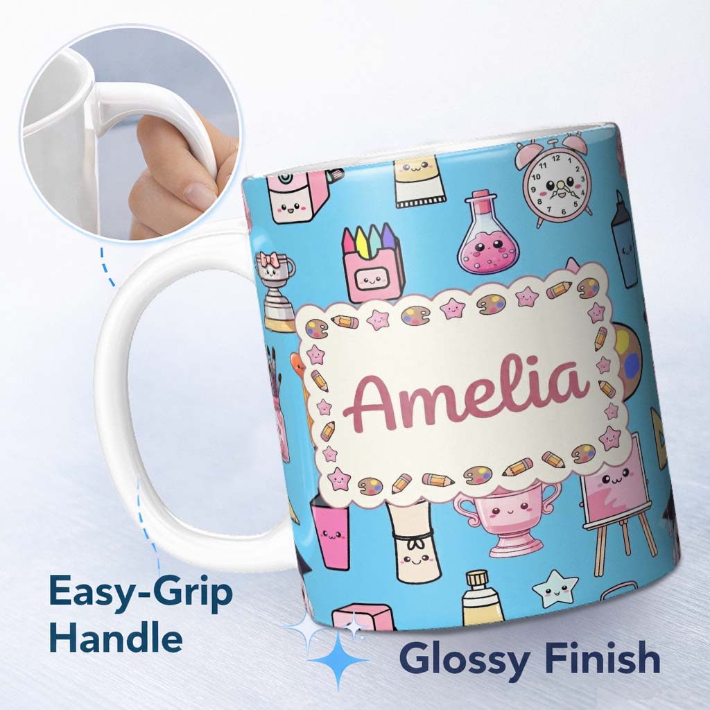 Personalized Custom Name Cute Kawaii Graduation Student Art Supplies Blue Seamless Pattern 11oz Ceramic Coffee Tea Mug White Large Handle