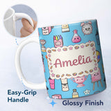 Personalized Custom Name Cute Kawaii Graduation Student Art Supplies Blue Seamless Pattern 11oz Ceramic Coffee Tea Mug White Large Handle