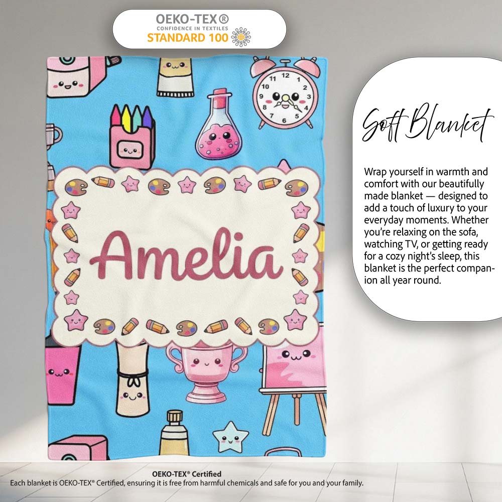 Cute Kawaii Graduation Student Art Supplies Blue Seamless Pattern  Personalised Custom Name Super Soft Fleece Blanket Bed Sofa Throw