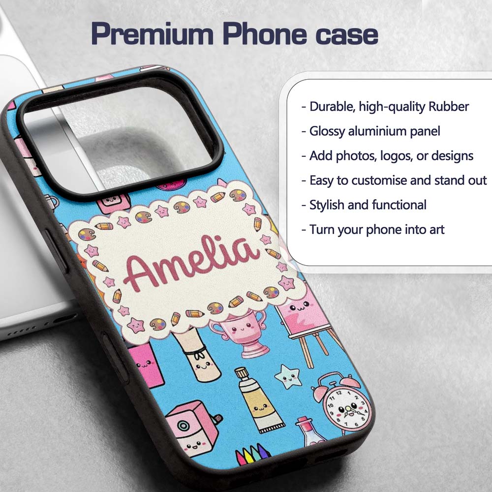 Cute Kawaii Graduation Student Art Supplies Blue Custom Name Protective Phone Case Mobile Cover Durable Everyday Smartphone Shock Resistant