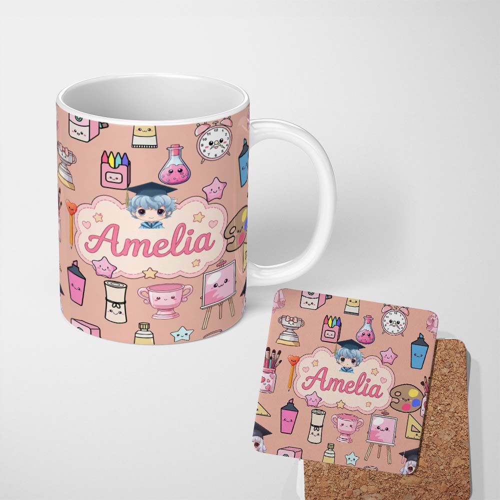 Personalized Custom Name Cute Kawaii Graduation Student Art Supplies Peach Seamless Pattern 11oz Ceramic Coffee Tea Mug White Large Handle