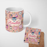 Personalized Custom Name Cute Kawaii Graduation Student Art Supplies Peach Seamless Pattern 11oz Ceramic Coffee Tea Mug White Large Handle