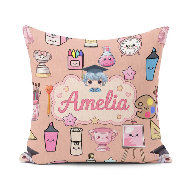 Custom Name Kawaii Graduation Student Art Supplies Peach Pattern Square Filled Cushion Throw Pillow Sofa Bed Home Decor Zip Washable UK Made