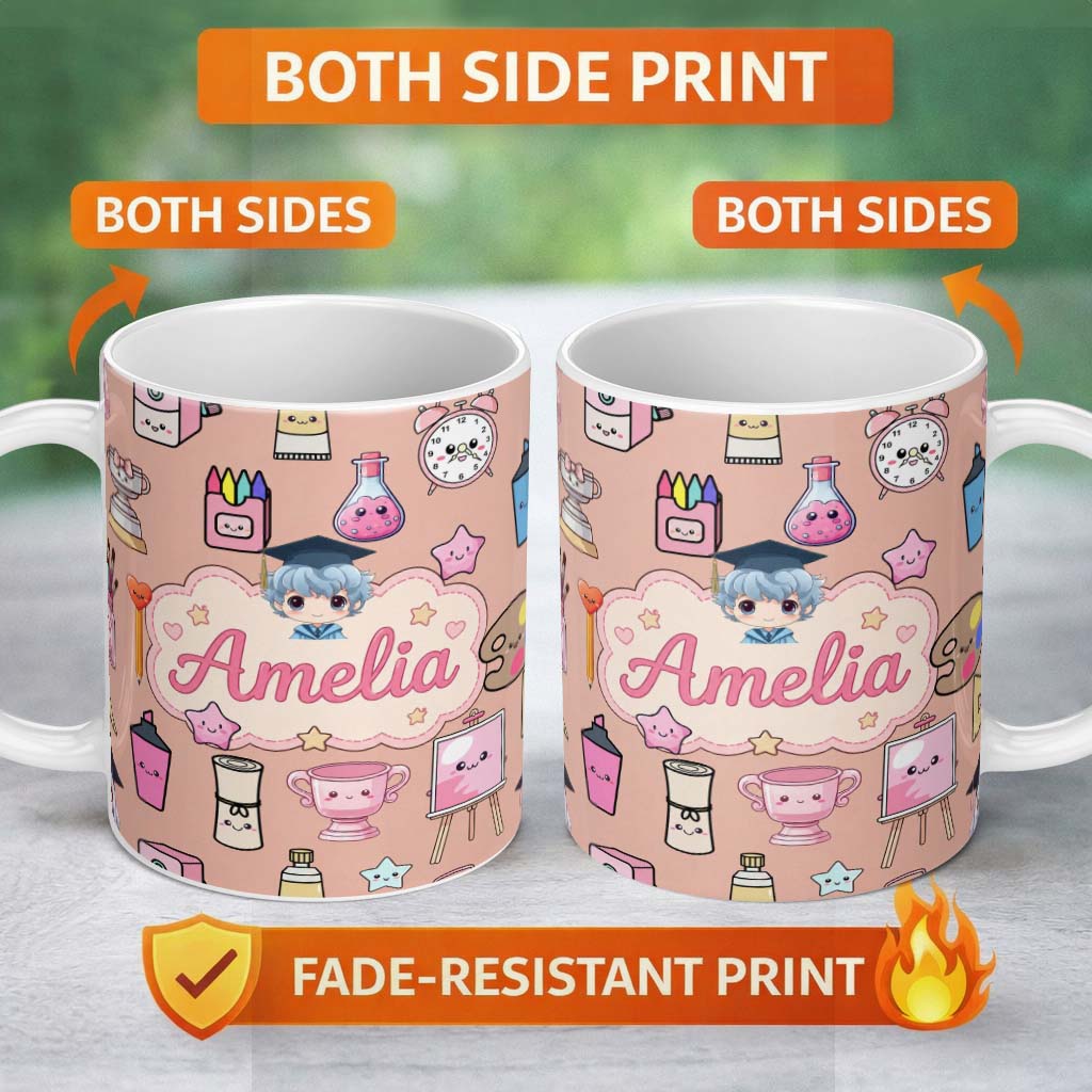 Personalized Custom Name Cute Kawaii Graduation Student Art Supplies Peach Seamless Pattern 11oz Ceramic Coffee Tea Mug White Large Handle