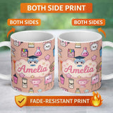 Personalized Custom Name Cute Kawaii Graduation Student Art Supplies Peach Seamless Pattern 11oz Ceramic Coffee Tea Mug White Large Handle