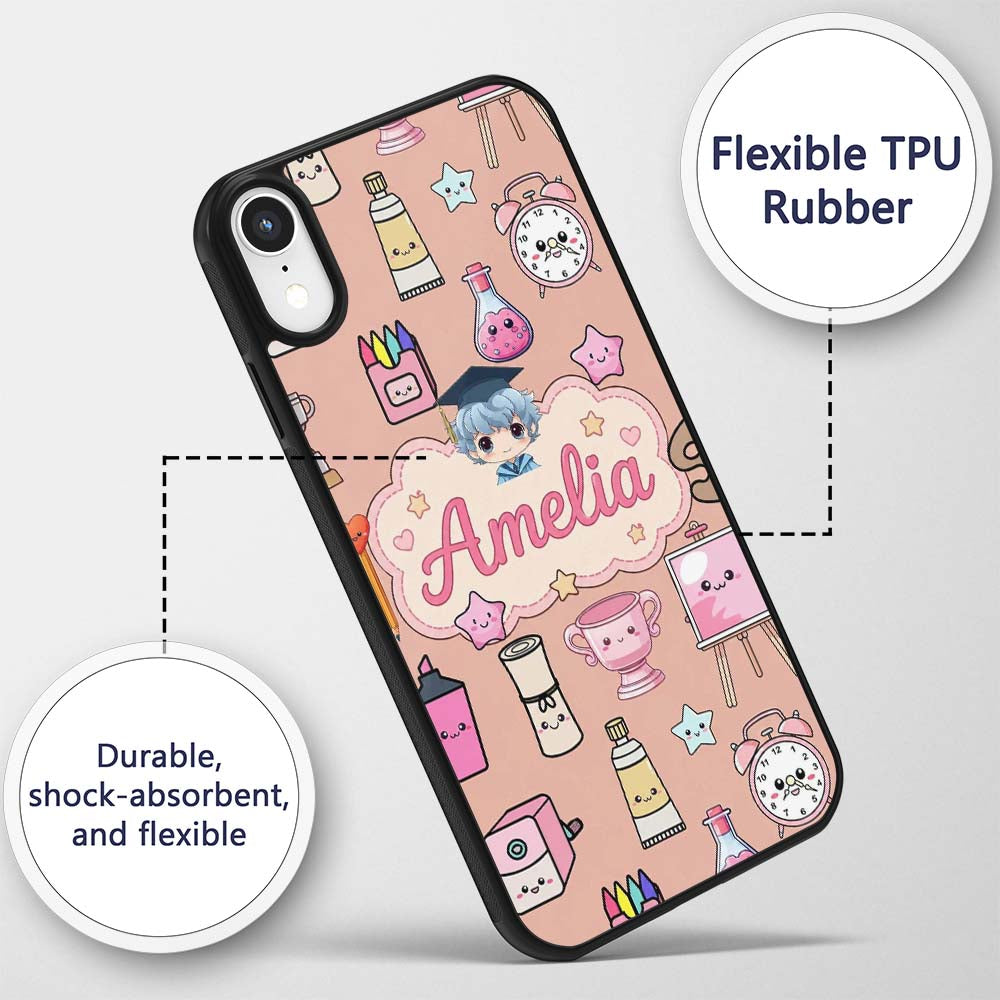 Cute Kawaii Graduation Student Art Supplies Peach Custom Name Protective Phone Case Mobile Cover Durable Everyday Smartphone Shock Resistant
