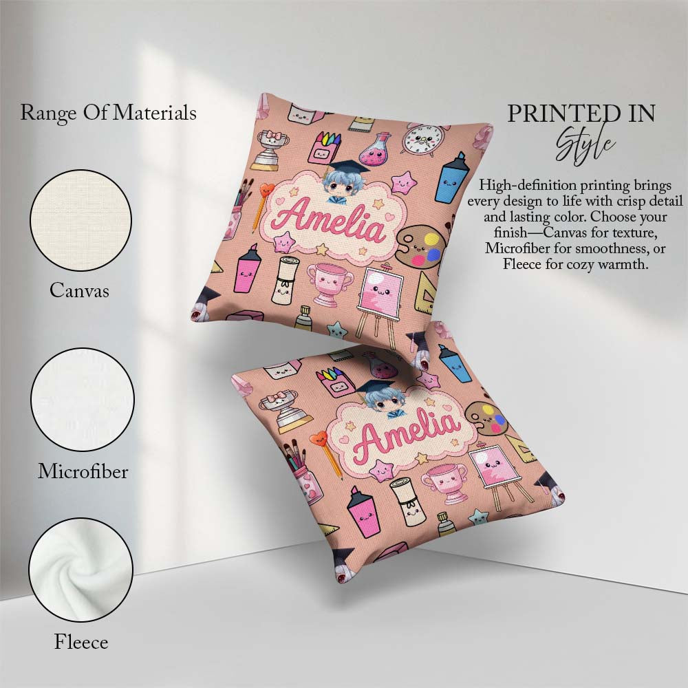 Custom Name Kawaii Graduation Student Art Supplies Peach Pattern Square Filled Cushion Throw Pillow Sofa Bed Home Decor Zip Washable UK Made