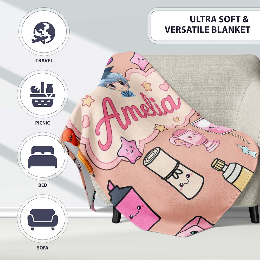 Cute Kawaii Graduation Student Art Supplies Peach Seamless Pattern  Personalised Custom Name Super Soft Fleece Blanket Bed Sofa Throw