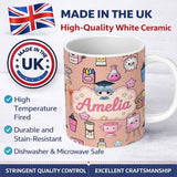 Personalized Custom Name Cute Kawaii Graduation Student Art Supplies Peach Seamless Pattern 11oz Ceramic Coffee Tea Mug White Large Handle