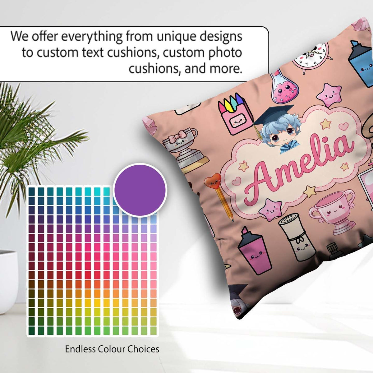 Custom Name Kawaii Graduation Student Art Supplies Peach Pattern Square Filled Cushion Throw Pillow Sofa Bed Home Decor Zip Washable UK Made