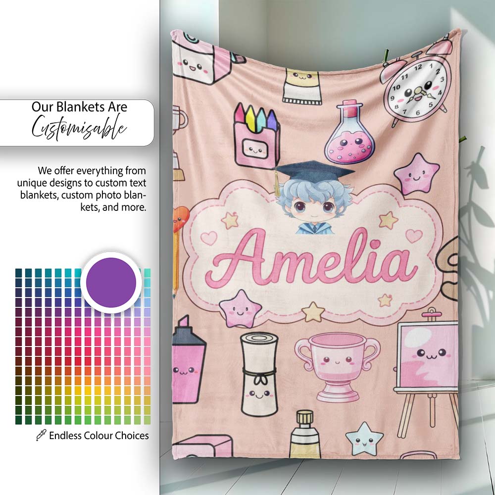 Cute Kawaii Graduation Student Art Supplies Peach Seamless Pattern  Personalised Custom Name Super Soft Fleece Blanket Bed Sofa Throw
