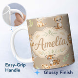 Personalized Custom Name Cute Baby Jungle Animals with Leaves on Warm Beige Background Lovely 11oz Ceramic Coffee Tea Mug White Large Handle
