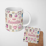 Personalized Custom Name Cute Kawaii Graduation Student Art Supplies Neutral Seamless 11oz Ceramic Coffee Tea Mug White Large Handle