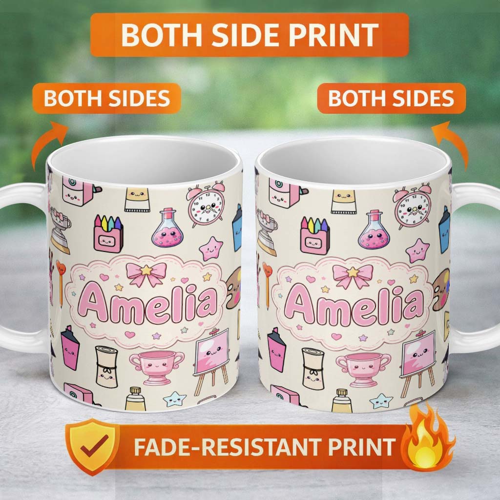 Personalized Custom Name Cute Kawaii Graduation Student Art Supplies Neutral Seamless 11oz Ceramic Coffee Tea Mug White Large Handle