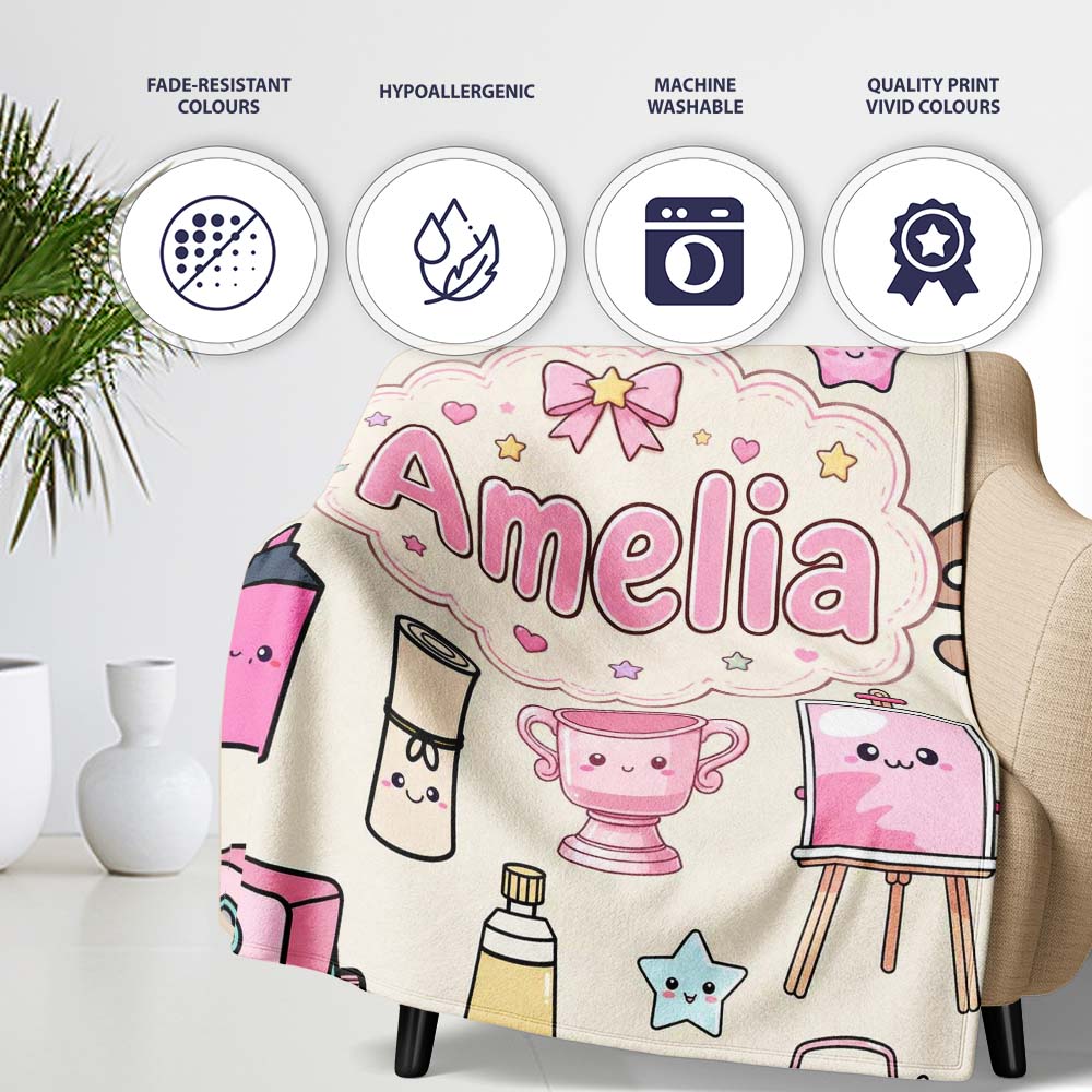 Cute Kawaii Graduation Student Art Supplies Neutral Seamless  Personalised Custom Name Super Soft Fleece Blanket Bed Sofa Throw