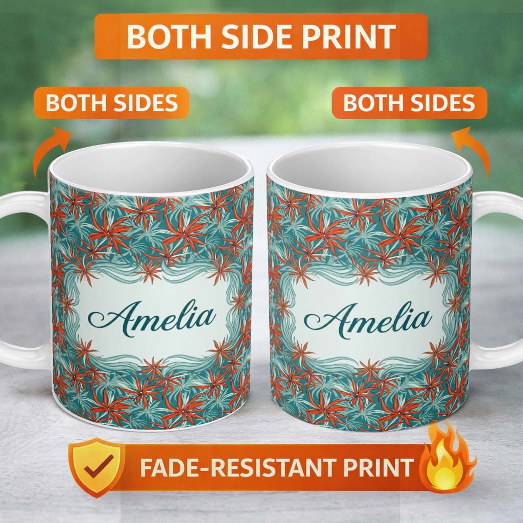 Personalized Custom Name Bold Red Floral Starburst Teal Background Seamless Pattern Lovely 11oz Ceramic Coffee Tea Mug White Large Handle